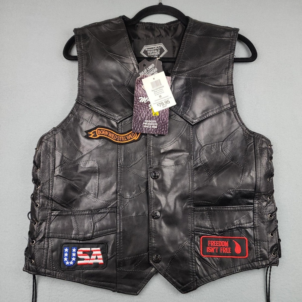 Diamond Plate Vest Mens Medium Black Leather Biker USA Eagle Patches Patriotic